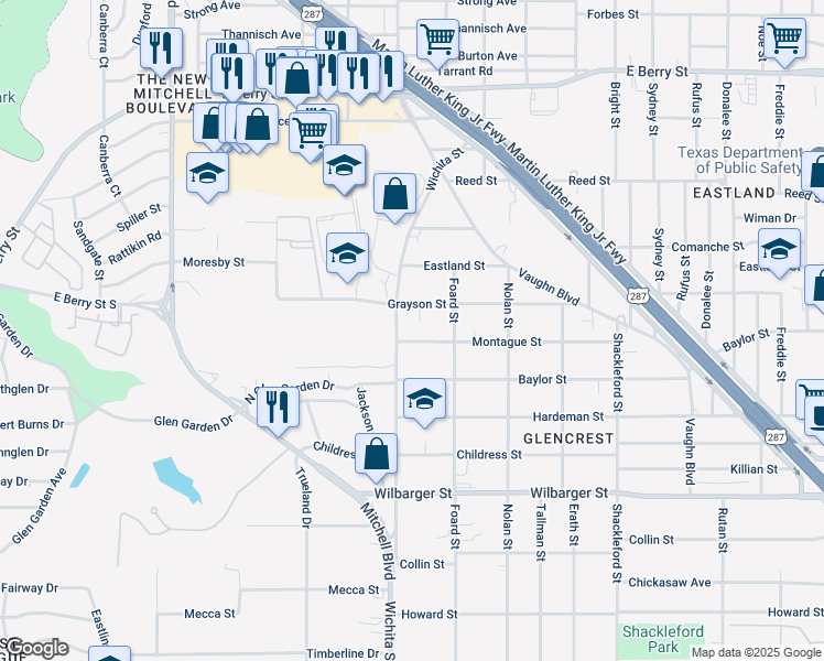 map of restaurants, bars, coffee shops, grocery stores, and more near 3208 Grayson Street in Fort Worth