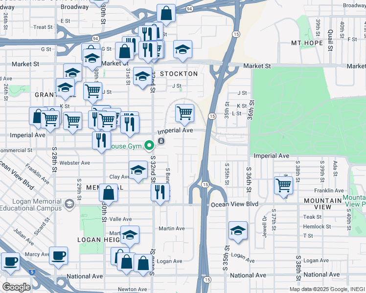 map of restaurants, bars, coffee shops, grocery stores, and more near 2 South 33rd Street in San Diego