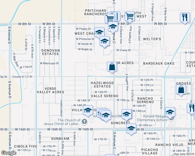 map of restaurants, bars, coffee shops, grocery stores, and more near 1203 South 42nd Avenue in Yuma