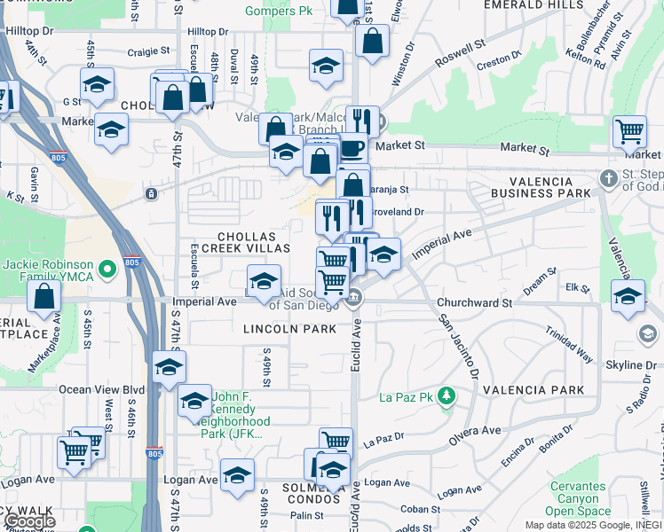 map of restaurants, bars, coffee shops, grocery stores, and more near South 50th Street in San Diego