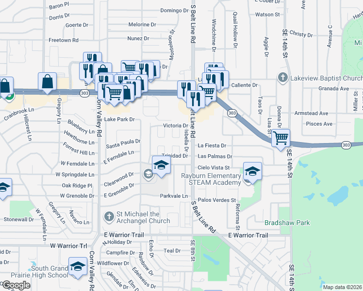 map of restaurants, bars, coffee shops, grocery stores, and more near 2620 Isbella Drive in Grand Prairie