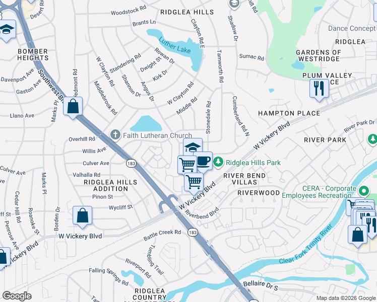 map of restaurants, bars, coffee shops, grocery stores, and more near 6821 Springhill Road in Fort Worth