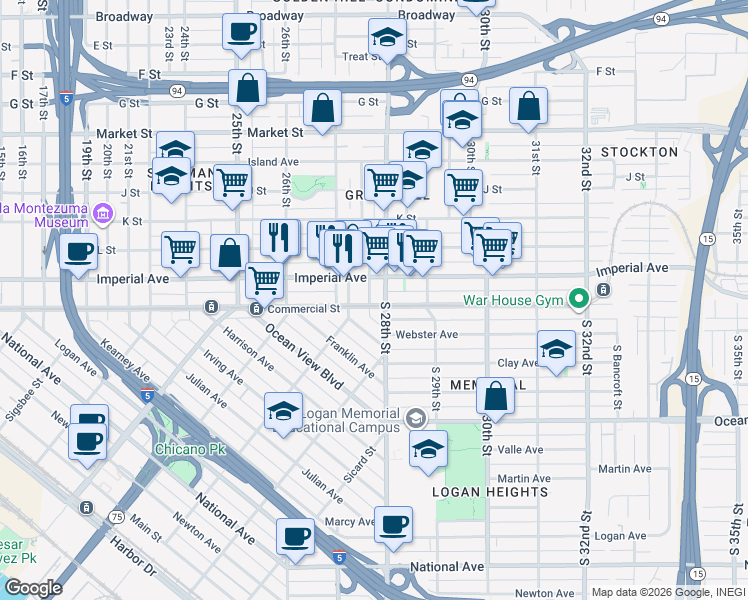 map of restaurants, bars, coffee shops, grocery stores, and more near 5 Hensley Street in San Diego
