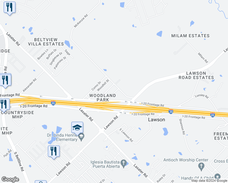 map of restaurants, bars, coffee shops, grocery stores, and more near 229 Woodgrove Street in Mesquite