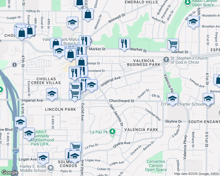 map of restaurants, bars, coffee shops, grocery stores, and more near 216 53rd Street in San Diego