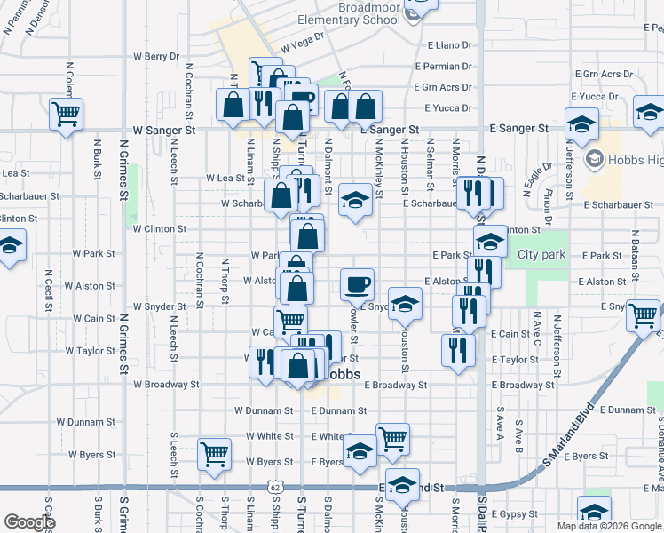 map of restaurants, bars, coffee shops, grocery stores, and more near 101-199 East Park Street in Hobbs