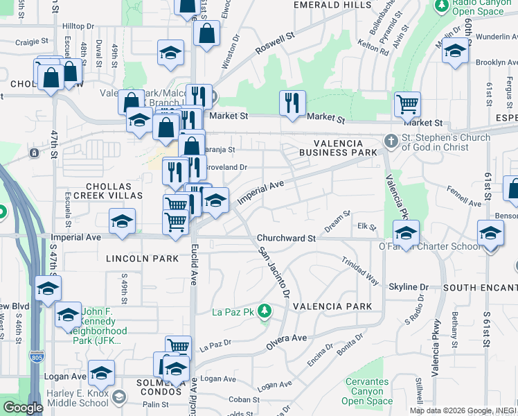 map of restaurants, bars, coffee shops, grocery stores, and more near 216 53rd Street in San Diego