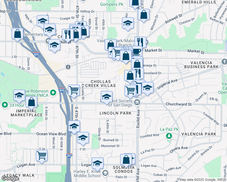 map of restaurants, bars, coffee shops, grocery stores, and more near 262 Willie James Jones Avenue in San Diego