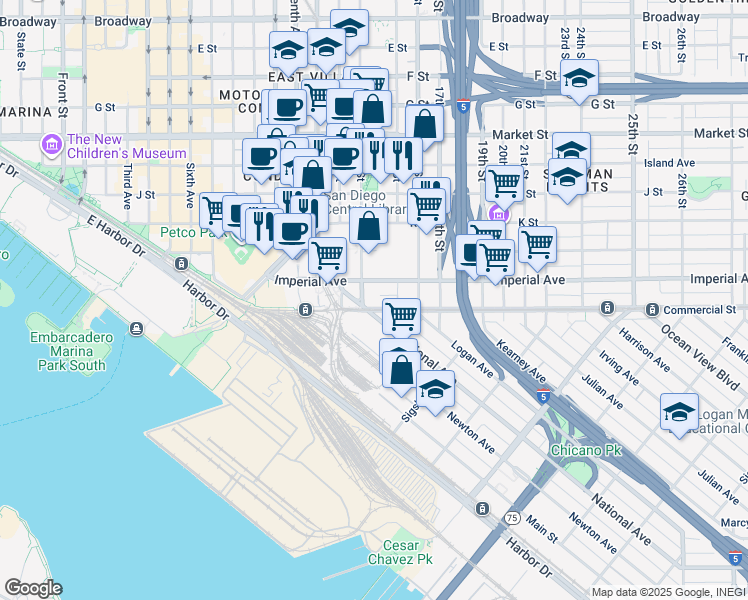 map of restaurants, bars, coffee shops, grocery stores, and more near 1401 Imperial Avenue in San Diego