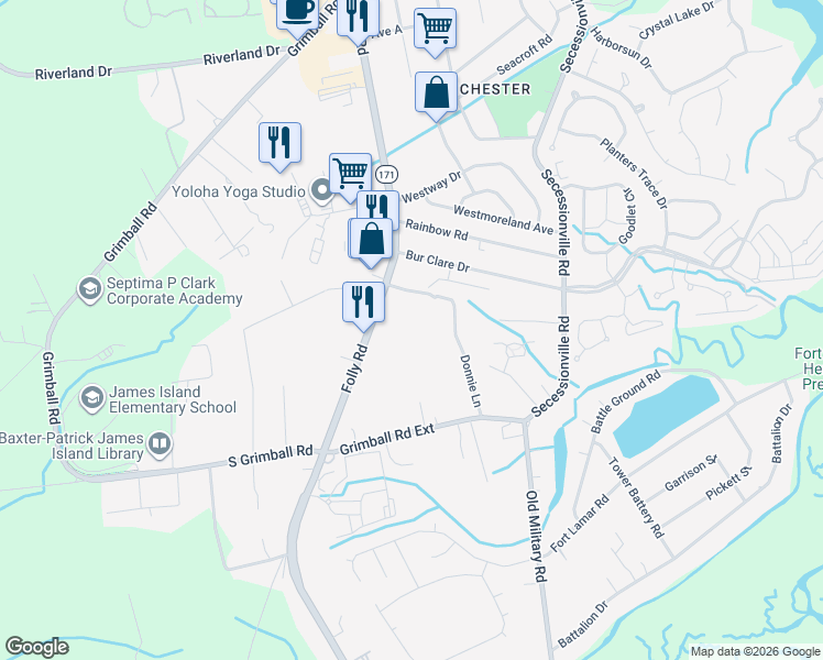 map of restaurants, bars, coffee shops, grocery stores, and more near 1566 Folly Road in Charleston
