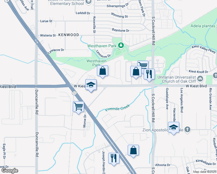 map of restaurants, bars, coffee shops, grocery stores, and more near 4627 West Kiest Boulevard in Dallas