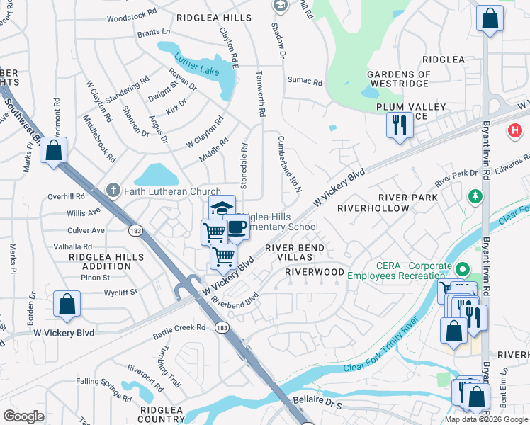map of restaurants, bars, coffee shops, grocery stores, and more near 4427 Tamworth Road in Fort Worth