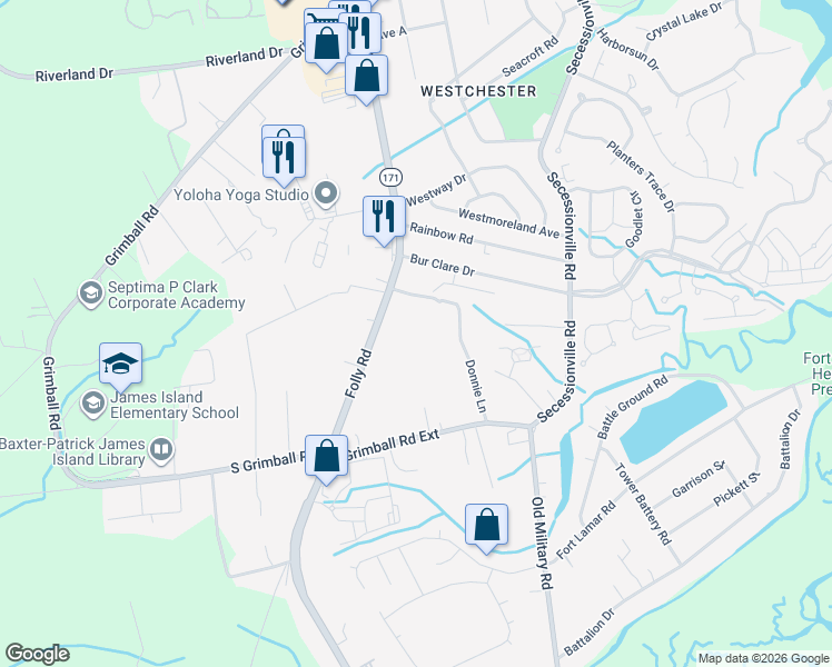 map of restaurants, bars, coffee shops, grocery stores, and more near 1566 Folly Road in Charleston