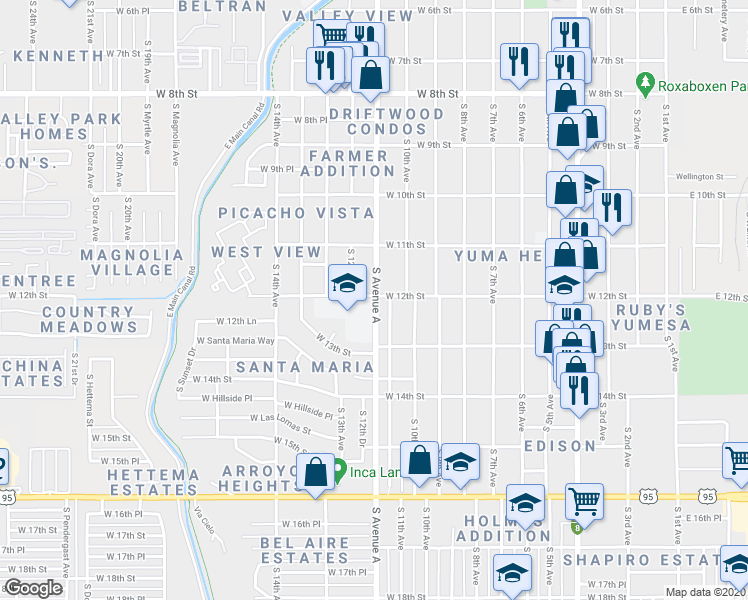 map of restaurants, bars, coffee shops, grocery stores, and more near 1200 South Avenue A in Yuma