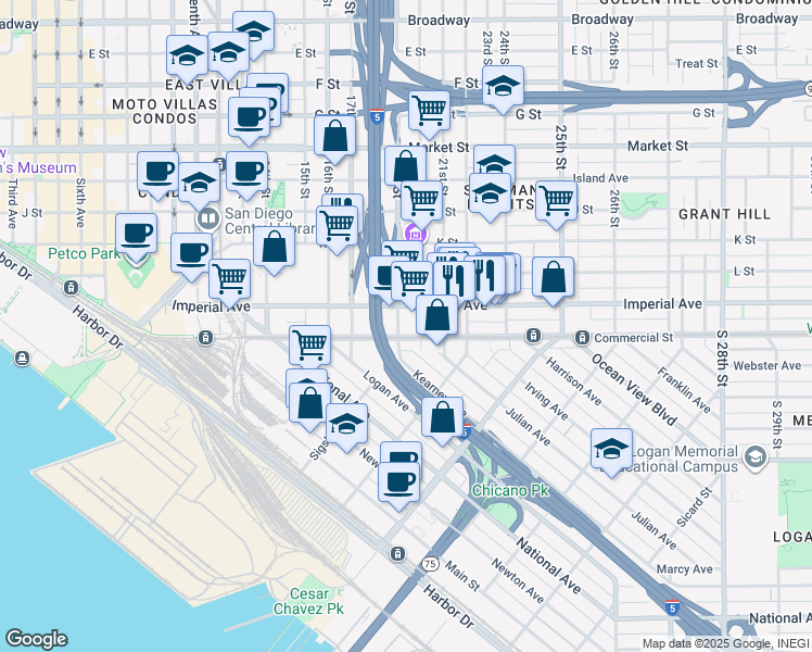 map of restaurants, bars, coffee shops, grocery stores, and more near 35 19th Street in San Diego