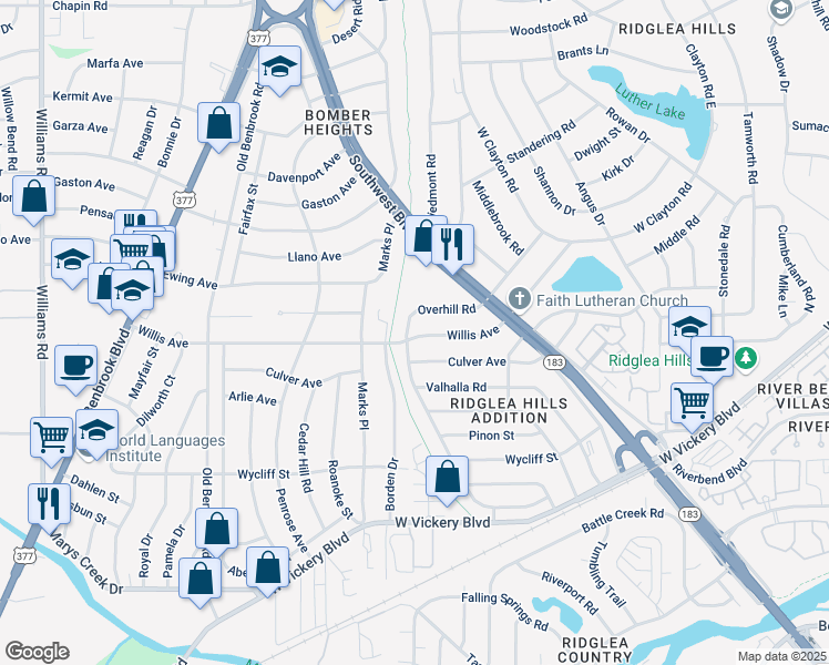 map of restaurants, bars, coffee shops, grocery stores, and more near 7129 Overhill Road in Fort Worth