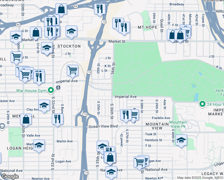 map of restaurants, bars, coffee shops, grocery stores, and more near Imperial Avenue in San Diego