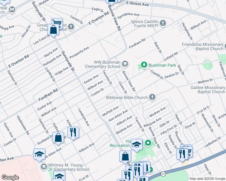 map of restaurants, bars, coffee shops, grocery stores, and more near 4302 Tacoma Street in Dallas