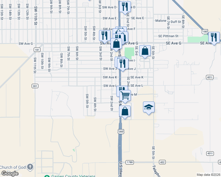 map of restaurants, bars, coffee shops, grocery stores, and more near 201 Southwest Avenue L in Seminole