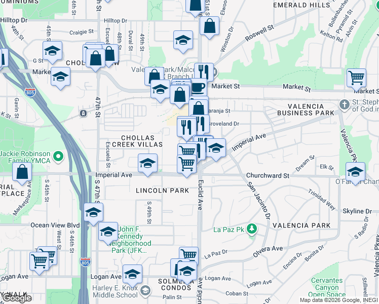 map of restaurants, bars, coffee shops, grocery stores, and more near 220 Euclid Avenue in San Diego