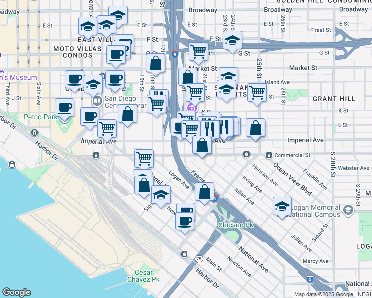 map of restaurants, bars, coffee shops, grocery stores, and more near 35 19th Street in San Diego