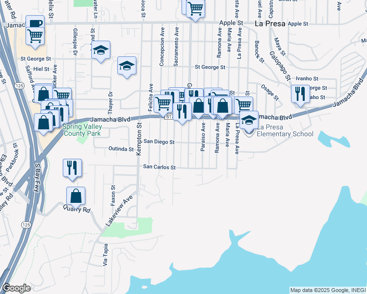 map of restaurants, bars, coffee shops, grocery stores, and more near 457 Sacramento Avenue in Spring Valley
