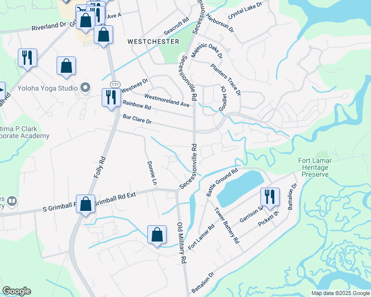 map of restaurants, bars, coffee shops, grocery stores, and more near 1585 Secessionville Road in Charleston