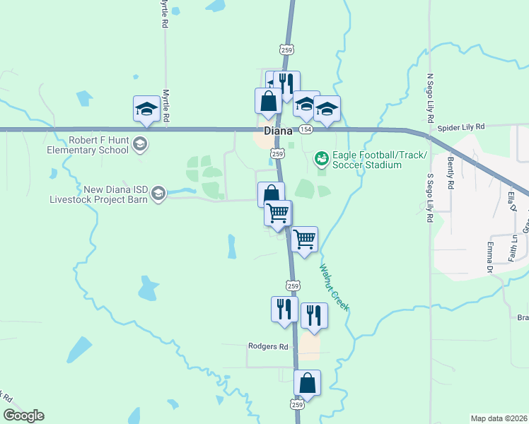 map of restaurants, bars, coffee shops, grocery stores, and more near 1804 Baseball Loop in Diana