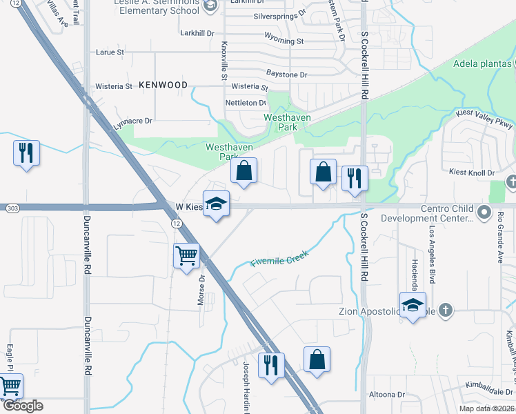map of restaurants, bars, coffee shops, grocery stores, and more near 4627 West Kiest Boulevard in Dallas