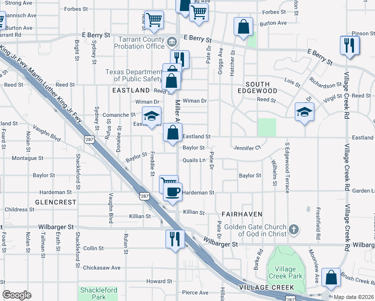 map of restaurants, bars, coffee shops, grocery stores, and more near 4221 Baylor Street in Fort Worth