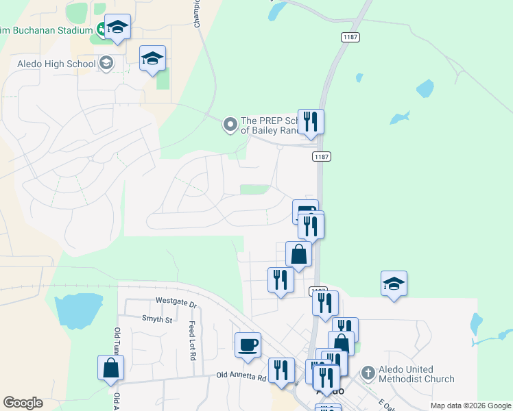 map of restaurants, bars, coffee shops, grocery stores, and more near 232 Parkview Drive in Aledo
