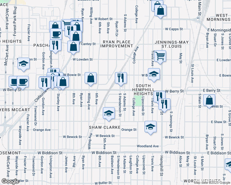 map of restaurants, bars, coffee shops, grocery stores, and more near 1212 High Street in Fort Worth