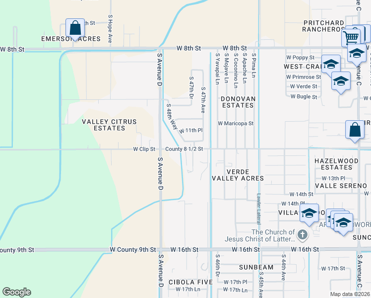 map of restaurants, bars, coffee shops, grocery stores, and more near 4892 County 8 1/2 Street in Yuma