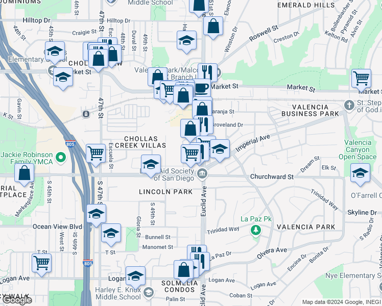 map of restaurants, bars, coffee shops, grocery stores, and more near 235 50th Street in San Diego