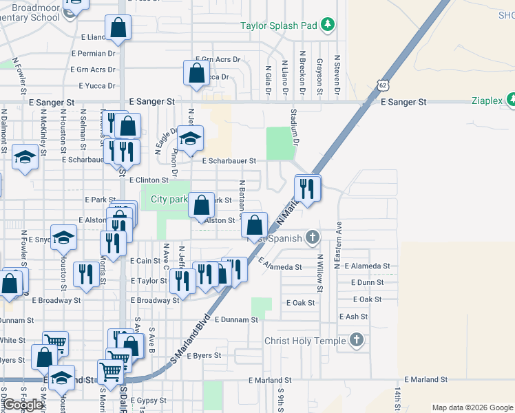 map of restaurants, bars, coffee shops, grocery stores, and more near 1411 East Park Street in Hobbs