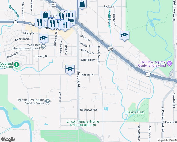 map of restaurants, bars, coffee shops, grocery stores, and more near 8203 Fairport Road in Dallas