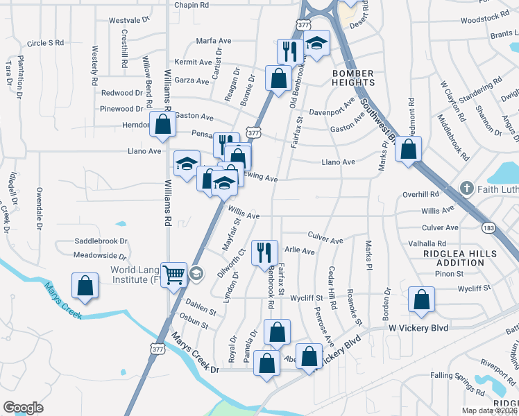 map of restaurants, bars, coffee shops, grocery stores, and more near 4658 Dilworth Court in Fort Worth