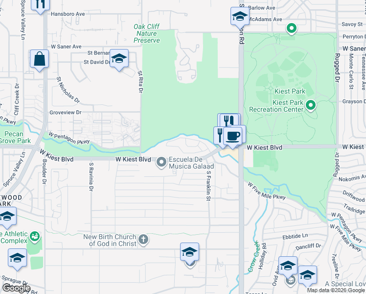 map of restaurants, bars, coffee shops, grocery stores, and more near 2550 West Five Mile Parkway in Dallas