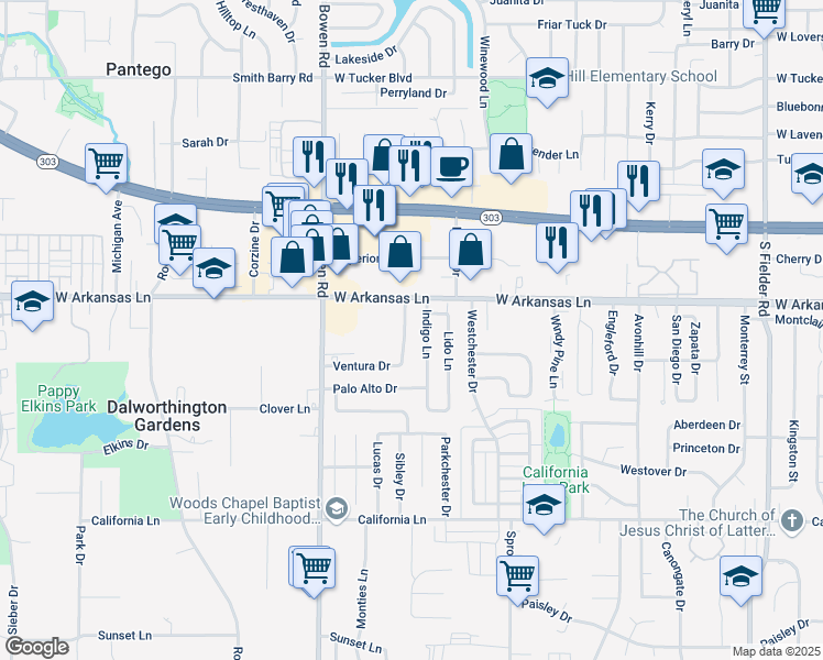 map of restaurants, bars, coffee shops, grocery stores, and more near 2306A Monte Carlo Drive in Arlington
