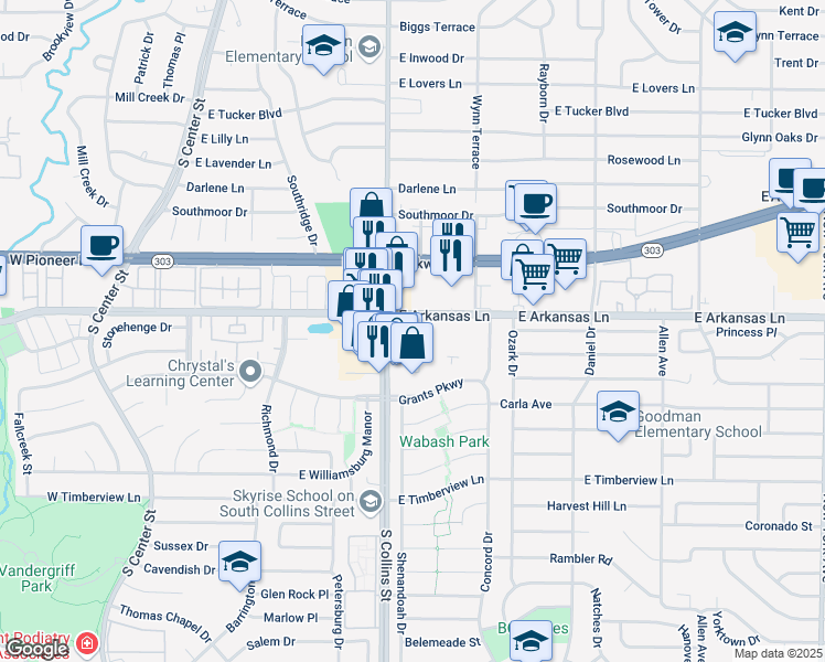map of restaurants, bars, coffee shops, grocery stores, and more near 912 East Arkansas Lane in Arlington