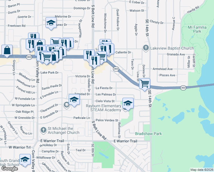 map of restaurants, bars, coffee shops, grocery stores, and more near 1007 Baja Drive in Grand Prairie