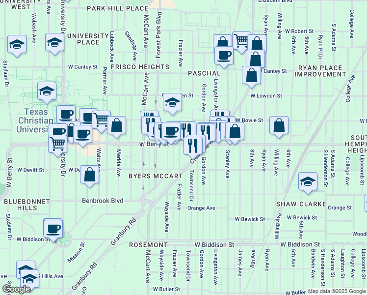 map of restaurants, bars, coffee shops, grocery stores, and more near in Fort Worth