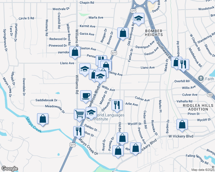 map of restaurants, bars, coffee shops, grocery stores, and more near 4658 Dilworth Court in Fort Worth