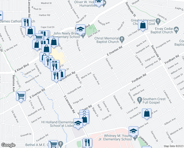 map of restaurants, bars, coffee shops, grocery stores, and more near 2158 Marfa Avenue in Dallas