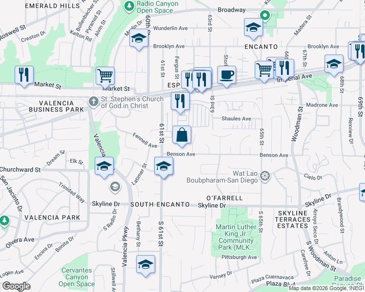 map of restaurants, bars, coffee shops, grocery stores, and more near 6134 Benson Avenue in San Diego
