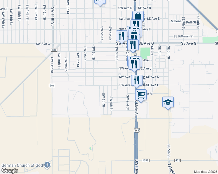 map of restaurants, bars, coffee shops, grocery stores, and more near 404 Southwest Avenue L in Seminole