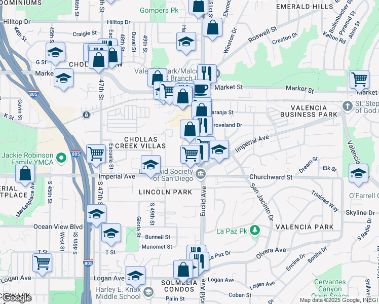 map of restaurants, bars, coffee shops, grocery stores, and more near 220 Euclid Avenue in San Diego