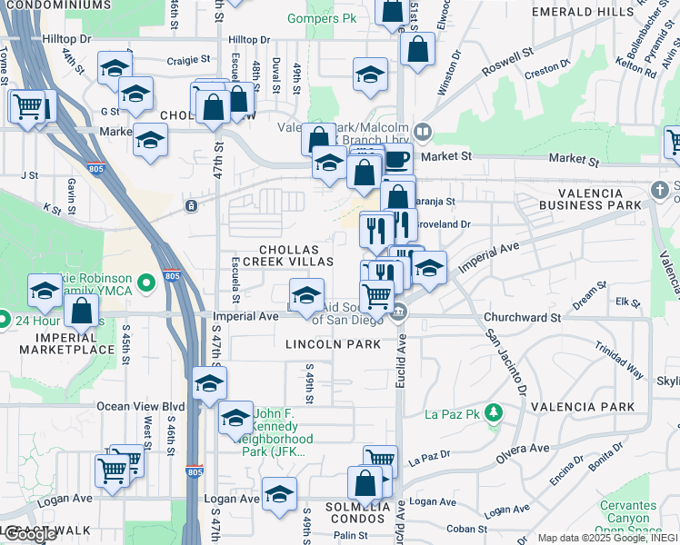 map of restaurants, bars, coffee shops, grocery stores, and more near 262 Willie James Jones Avenue in San Diego