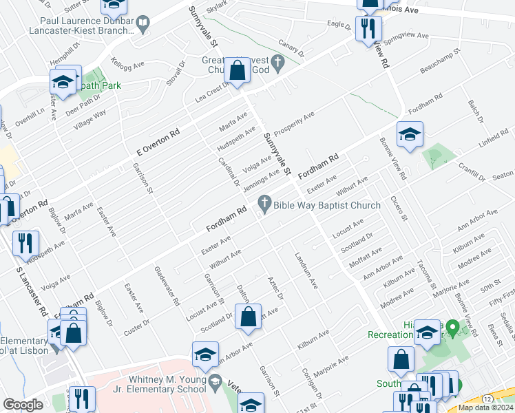 map of restaurants, bars, coffee shops, grocery stores, and more near 2614 Fordham Road in Dallas