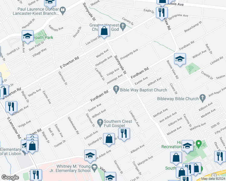 map of restaurants, bars, coffee shops, grocery stores, and more near 2614 Fordham Road in Dallas